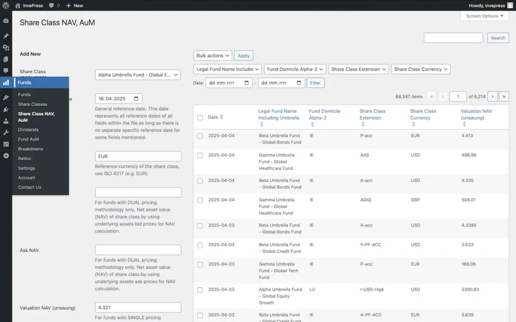 Fund Data in WordPress Database